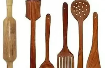 Useful Wooden Handmade Spoons And Spatulas For Cooking And Serving-5 Pieces with Wooden Belan- 6 Pieces